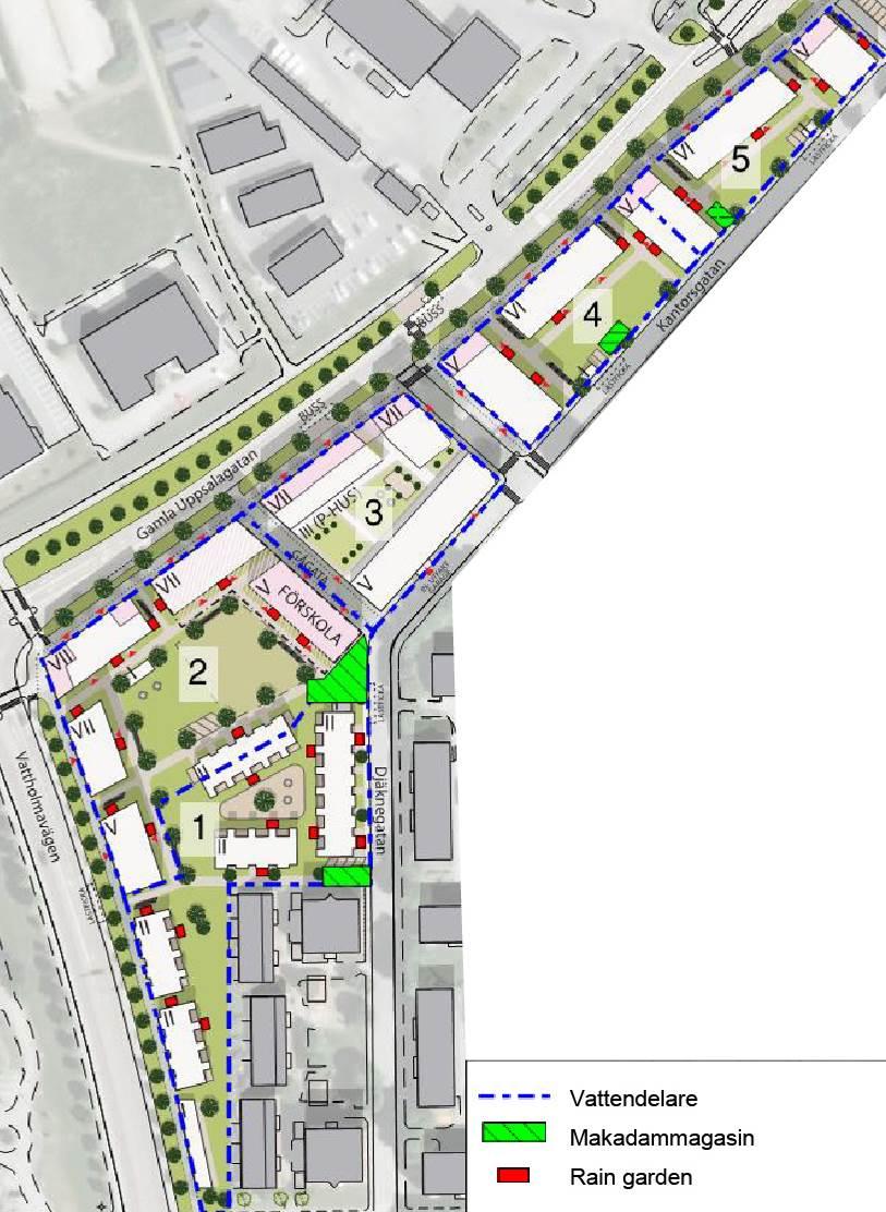 Förslag till placering av fördröjningsmagasin och raingardens (Dagvattenutredning, Bjerking 2016-05-05). Utsatta raingardens är inte skalenliga.