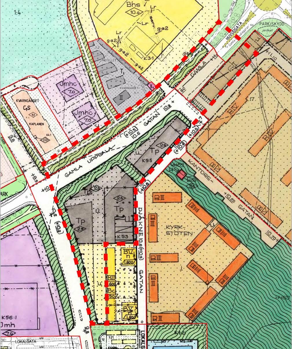 Karta som visar gällande detaljplaner. Planområdet är markerat med röd streckad linje.