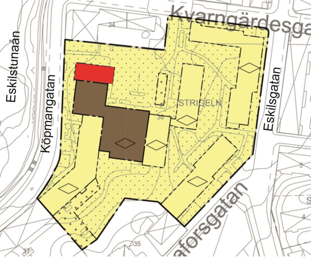 Figur 8. Gulmarkerat område markerar planområdet. Den rödmarkerade byggnaden är den där en påbyggnation av ytterligare våningar planeras.