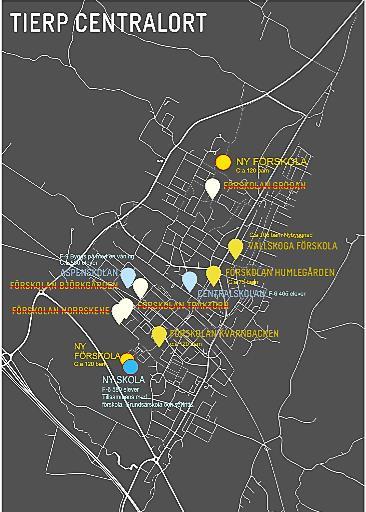 Swecos förslag till lokalorganisation för centralorten Tierp är följande: Grundskolor Centralskolan anpassas för 465 elever F-6 (3 paralleller) Aspenskolan byggs ut med en våning över delar av skolan.