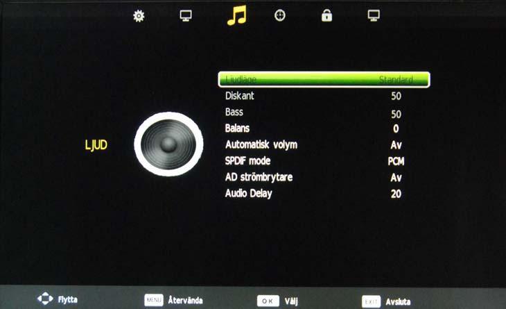 OSD-MENY OSD-MENY 3. Ljudmeny Beskrivning Ljudläge: Här kan du välja mellan standard, musik, film, sport och användare. Diskant (kan ändras i användarläge): Justera diskantljudens styrka.