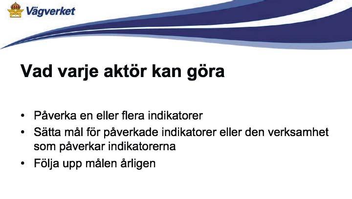 Indikatorerna är: 1. Hastighetsefterlevnad statligt vägnät 2. Hastighetsefterlevnad kommunalt vägnät 3. Nyktra förare 4. Bältesanvändning 5. Cykelhjälmsanvändning 6. Säkra personbilar 7.