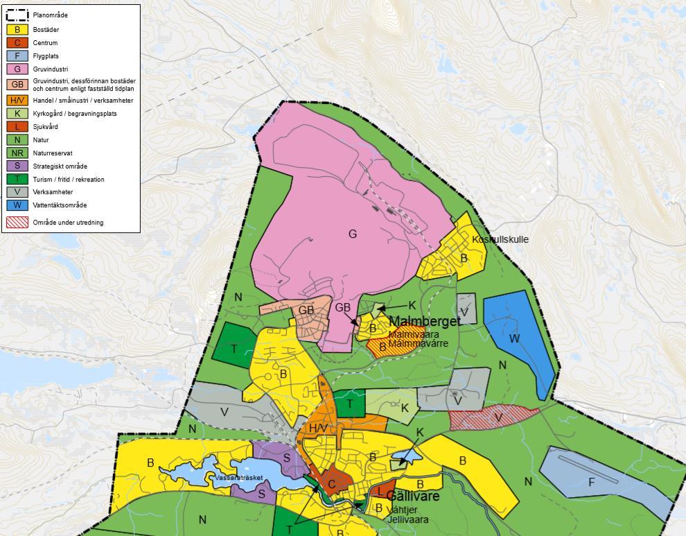 TIDIGARE STÄLLNINGSTAGANDE ÖVERSIKTLIGA PLANER Planområdet omfattas av kommunens fördjupade översiktsplan för Gällivare, Malmberget och Koskullskulle 2014 2032, som antogs av Kommunfullmäktige