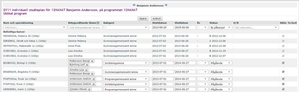 8. Justera studieplanen på en elev Vid behov kan man justera studieplanen på en specifik elev.