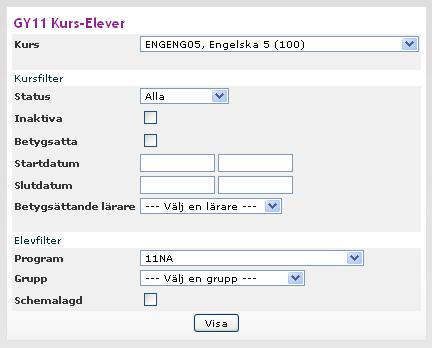 Kurs-Elever. 5.1 Gör en filtrering på Kurs, Program och eventuellt Grupp. 5.2 Markera vem som är betygssättande lärare på respektive elev.