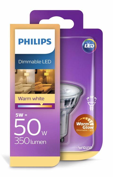 PHILIPS LED Spot (dimbar) 5 W (50 W) GU10 Warm Glow WarmGlow, dimbar Rätt ljus skapar perfekta ögonblick Philips LED-spottar som kan dimras