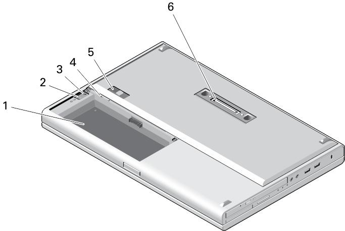 Figur 3. Undersida 1. batterifack 2. utmatningsspak för hårddisk 3. låsskruv för hårddisk 4. SIM-kortplats 5.