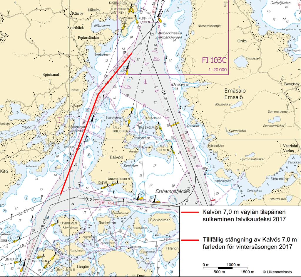 Suomenlahti/Finska viken/gulf of Finland *56(T) /2017 (2017-02-20) Suomi. Suomenlahti. Porvoo. Kalvön väylä (7.0 m). Talvikaudeksi suljettu väylänosa. Finland. Finska viken. Borgå. Kalvöleden (7.0 m). Farledsavsnittet stängt för vintersäsongen.