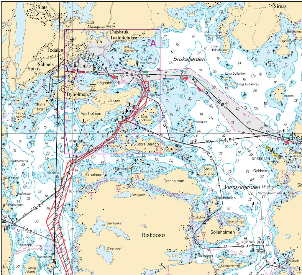 Kuva viitteeksi, karttaotteet ei merikartan mittakaavassa / Bild för referens, kortutdrag inte i sjökortets skala / Image for reference,