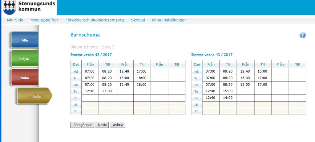 Ange om vistelsetid behövs både före och efter skoltid exempel 4