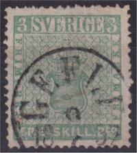 Sverige Skilling - Vapen Lejon 1 Facit- 1 1a 3 skilling ljust blåaktigt grön med rättvänd stämpel GEFLE 9.6.1857 och god centrering.