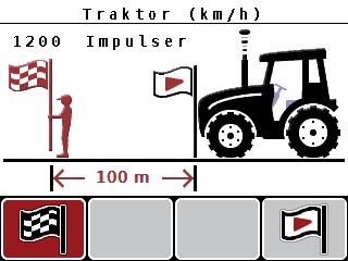 Nu måste även antalet impulser för hastighetsignalen bestämmas. Vet du det exakta impulsantalet, kan det matas in direkt: 8. Öppna menypunkten Traktor (km/h) > Omkalibrera > Imp/100 m.