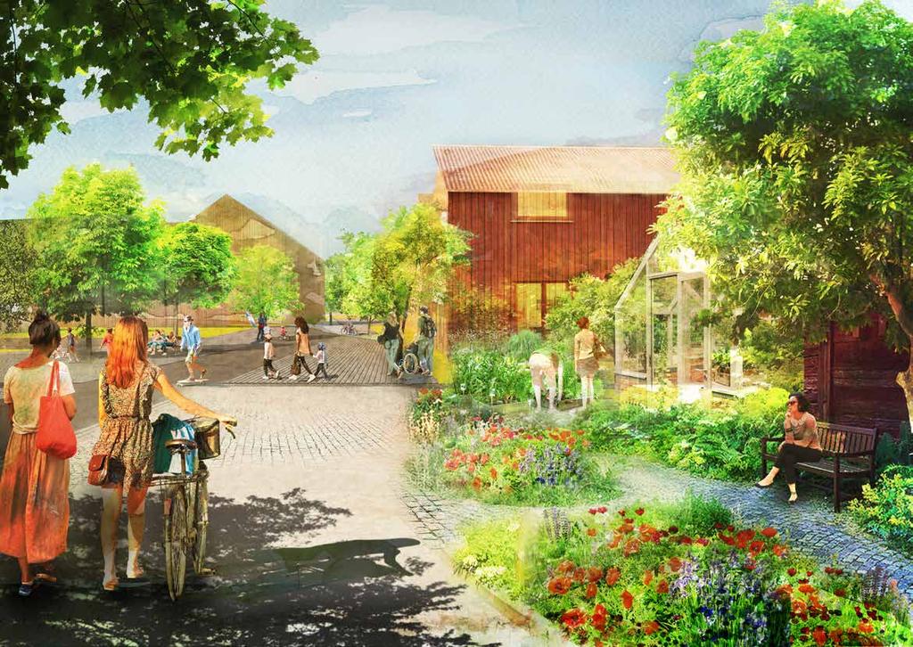 Vy av Månsbostråket, norr ifrån. Barn, vuxla och äldre möts i stadsdelens sociala utemiljö bland odling och trähusbebyggelse.