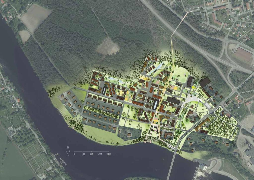 Illustrationsplan Månsbo i det gröna Skogsbo Riksväg 70 gång- och cykel till Skogsbo och Rutbo förskola odlingsstråk vattenpark idrottshall, utegym, lek, naturentré Månsbrostråket - socialt GC-stråk