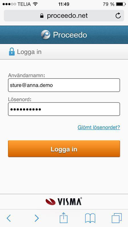 2 (6) 2. Inloggning Logga in på adressen https://www.proceedo.net/mobile-interface.