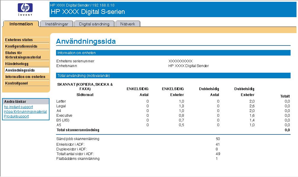 Användningssida Skärmbilden Användningssida innehåller en sidräkning för varje materialstorlek som har passerat genom produkten, liksom antalet sidor med dubbelsidig utskrift.