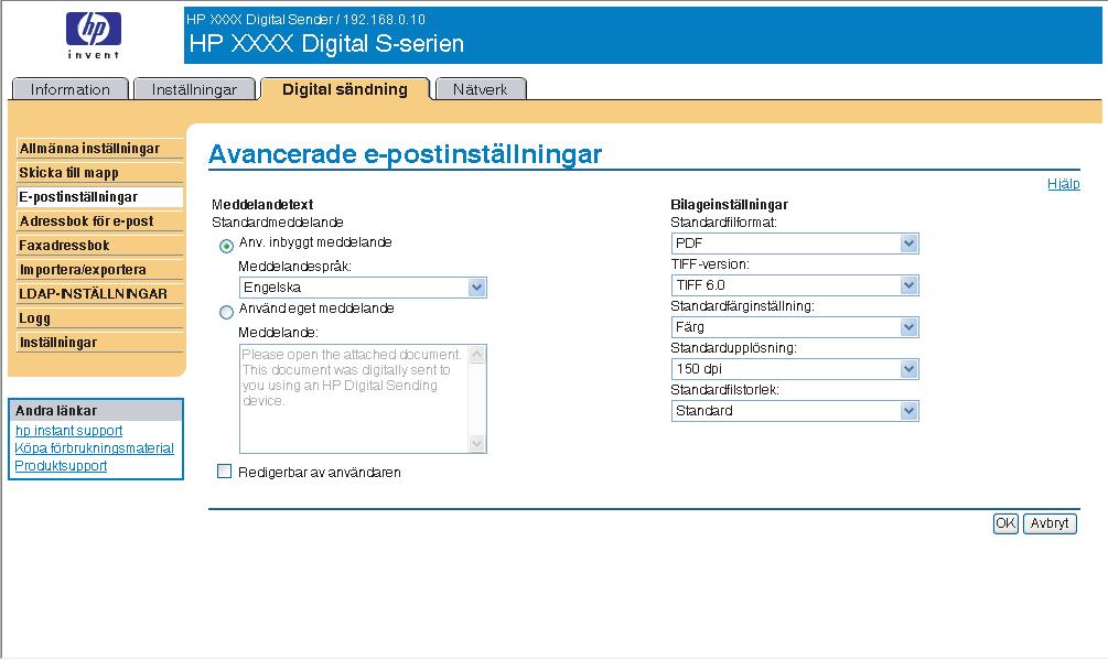 Bild 4-4 Avancerade e-postinställningar, skärmbild Tabell 4-4 Avancerade e-postinställningar Bild Område på skärmbilden Information eller funktioner som erbjuds i området 1 HP EWS-flikar och -menyer