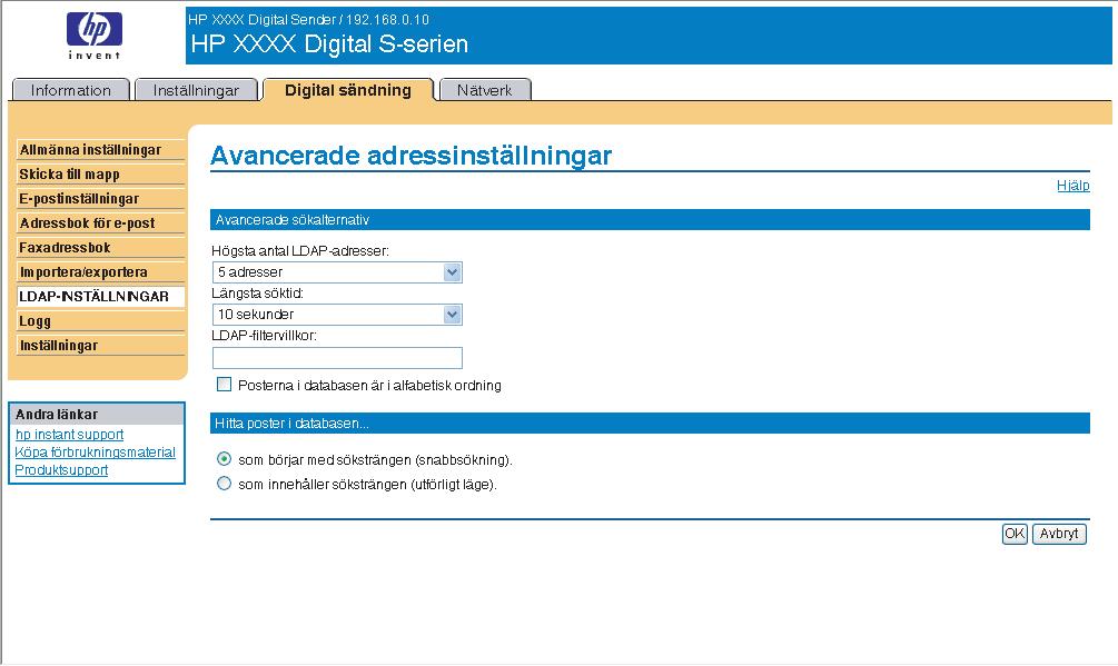 Bild 4-9 Avancerade adressinställningar, skärmbild Tabell 4-6 Avancerade adressinställningar Bild Område på skärmbilden Information eller funktioner som erbjuds i området 1 HP EWS-flikar och -menyer