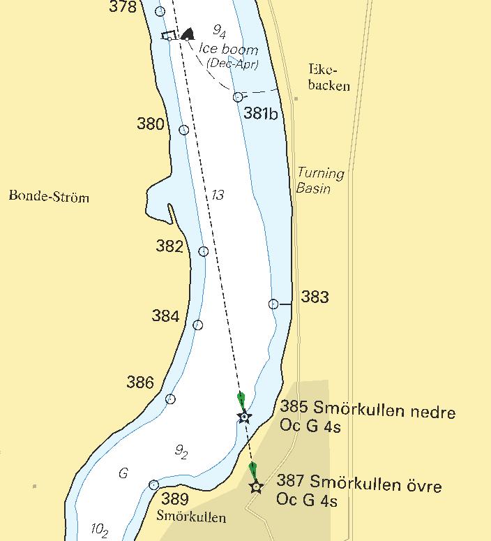 18 * 7777 Sjökort/Chart: 1353 Sverige. Trollhätte kanal. Lilla Edet. Fyrarna Smörkullen nedre och övre. Fyrljus ändras. Fyrljuset på Smörkullen nedre och övre ändras från rött till grönt.