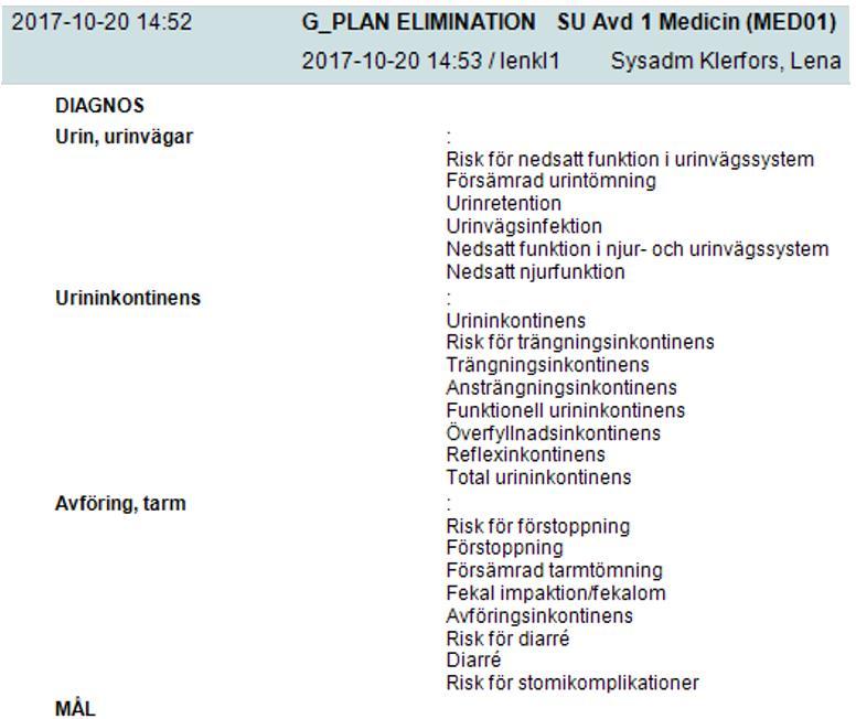 Exempel på uppdelning av diagnoser i planerna Plan