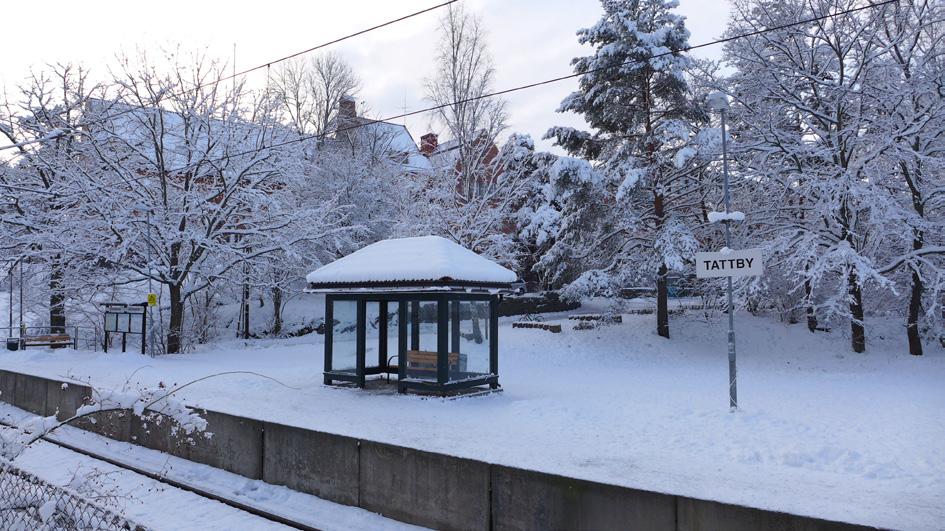 Perrongen nås från parkeringen via en övergång med gångfållor. Det omgivande landskapet är stationsmiljöns behållning.