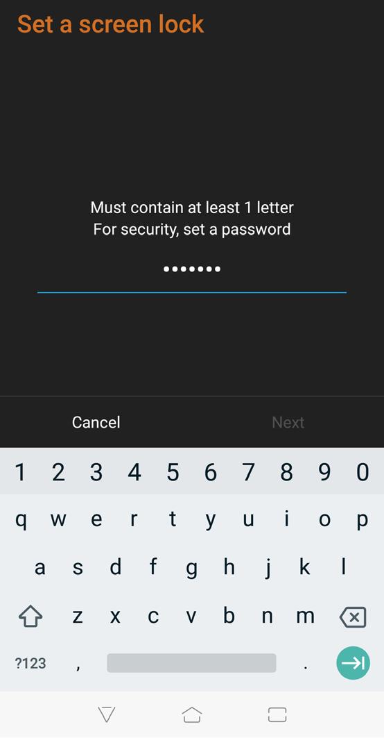 Lösenord Ange minst fyra tecken för att ställa in ett lösenord. VIKTIGT! Kom ihåg att du måste memorera lösenordet du skapat för att låsa upp enheten.