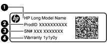 Komponent (1) Modellnamn (endast vissa produkter) (2) Produktnummer (3) Serienummer (4) Garantiperiod Etikett med föreskrifter visar information om föreskrifter för datorn.