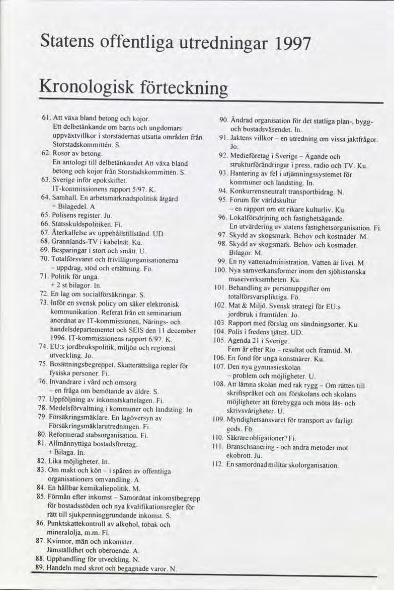 Statens offentlga utrednngar 1997 Kronologsk förtecknng 6. Attväxablandbetongkojor. 90 Ändrad, organsaton fordetstatlgapian-,bygg- Ettdelbetänkandebarnsungdomars om bostadsväsendet. ln.