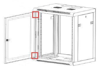 Reversing the Front Door To accommodate different rack configurations, you can reverse the Front Door of the Wall-Mount Enclosure so that it opens to the left or right of the Wall-Mount Enclosure.