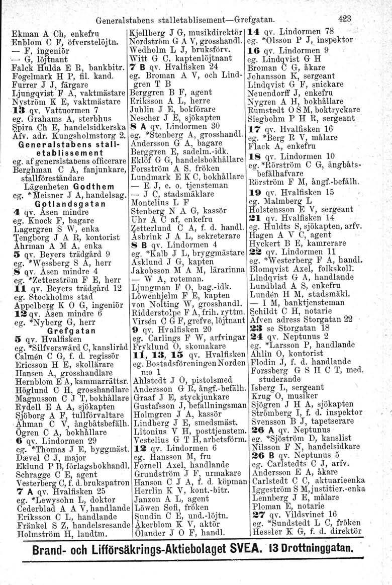 Generalstabens stalletablisement-grefgatan. ~3 EJ-man A Ch, enkefru Kjellberg J G, musikdirektör 14 qv. Lindormen 78 Enblom C F, öfverstelöjtn. Nordström G A V, grosshandl.