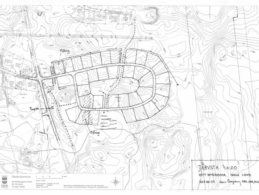 Planen möjliggör byggnation av småhusbebyggelse i ca 30-35 tomter (1200 m 3 ) och ny gata (Figur 2). Planbestämmelserna tillåter förutom villor; parhus och gruppbostad. Figur 2.