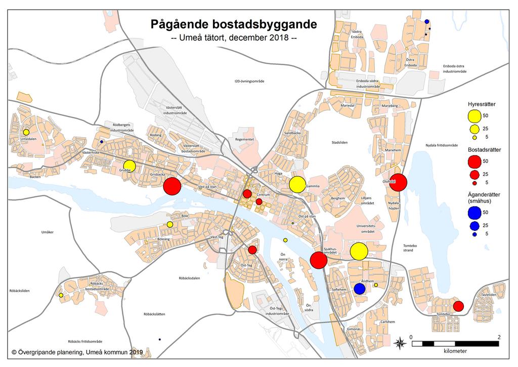 Byggstartade bostäder Kartan nedan visar bostäder som var byggstartade i december 2018. Totalt påbörjades 817 bostäder under 2018. Figur 4. Pågående bostadsbyggande i Umeå tätort vid 2018 års slut.