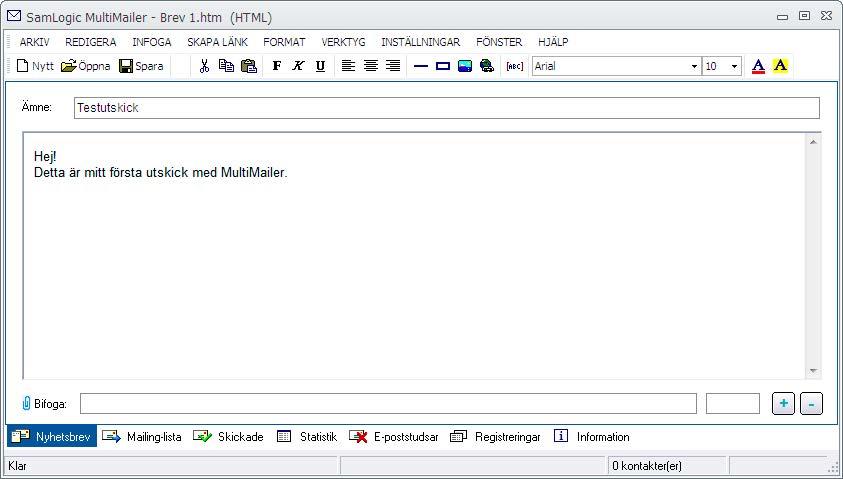 3. Ange en rubrik för mejlet i inmatningsfältet Ämne, t ex Testutskick. 4. Klicka sedan i den stora rutan under och skriv följande: Hej! Detta är mitt första utskick med MultiMailer. 5.