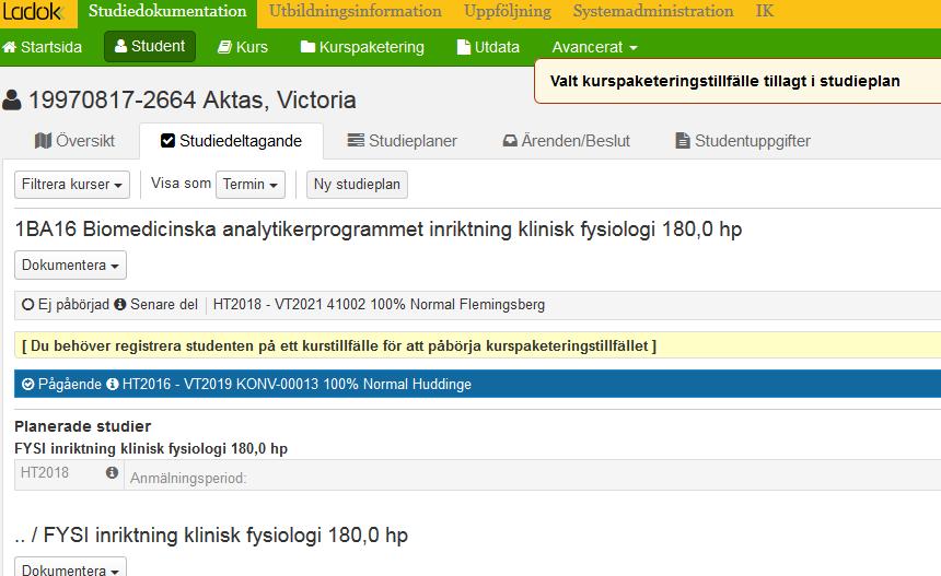 Kontrollera uppgifterna gentemot beslutet för vilket programtillfälle (alt kull) studenten ska fortsätta läsa.