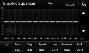 ÑÑHämta EQ-kurvan 1 Tryck på [Preset Select]. 2 Välj EQ-kurva. 4 Tryck på skärmen och ställ in Graphic Equalizer som du önskar. [ipod] är bara tillgängligt när ipod är källan.