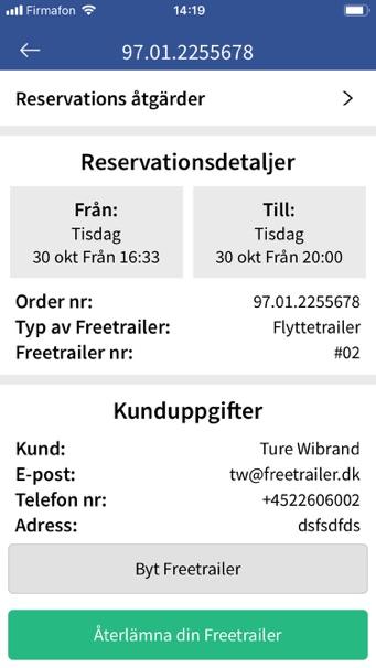 3.1.1 Aktiv reservation När du klickar på en aktiv reservation under Återlämningar kan du se all information om kundens reservation. Här kan du också se om kunden har fått en FOB.