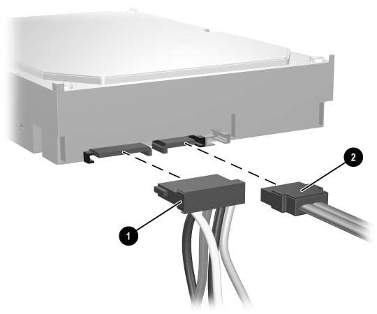 9. Anslut strömkabeln 1 och datakabeln 2 till hårddisken.