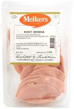 Uppgiftslämnare: Melkers chark AB Varumärke: Melkers Leverantörens artikelnummer: 916 Förpackningsstorlek: 300g Produktinformation Ingrediensförteckning: Skinka av innanlår 86%, vatten, salt,