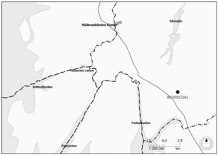 Ill. 3. På kartan har Projekt Hällevadsholm Väster och de vattendrag som nämns i texten om fåglar markerats. I projektområdets omgivningar finns flera riksintresseområden för naturvården.