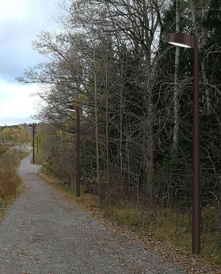 PLANERAD BELYSNING Längs med anslutande gångstråk från öster planeras i dag parkvägsbelysning i form av en diskret armatur, Nyx, som monteras på en konisk 3,5m stolpe.