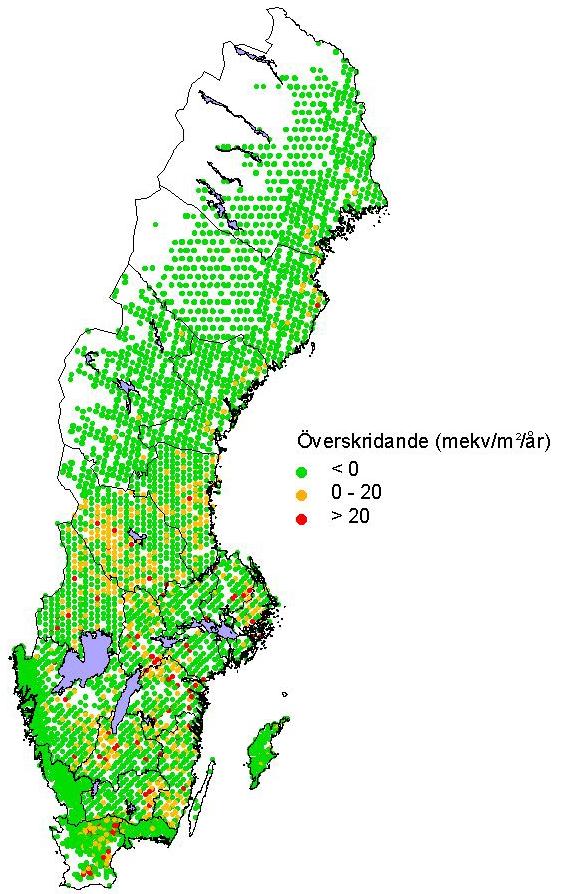 Resultat för Sverige och Örebro län Med den reviderade beräkningsmetodiken visar resultaten att den kritiska belastningen överskrids på 3 % av skogmarken i Sverige baserat på medeldepositionen för