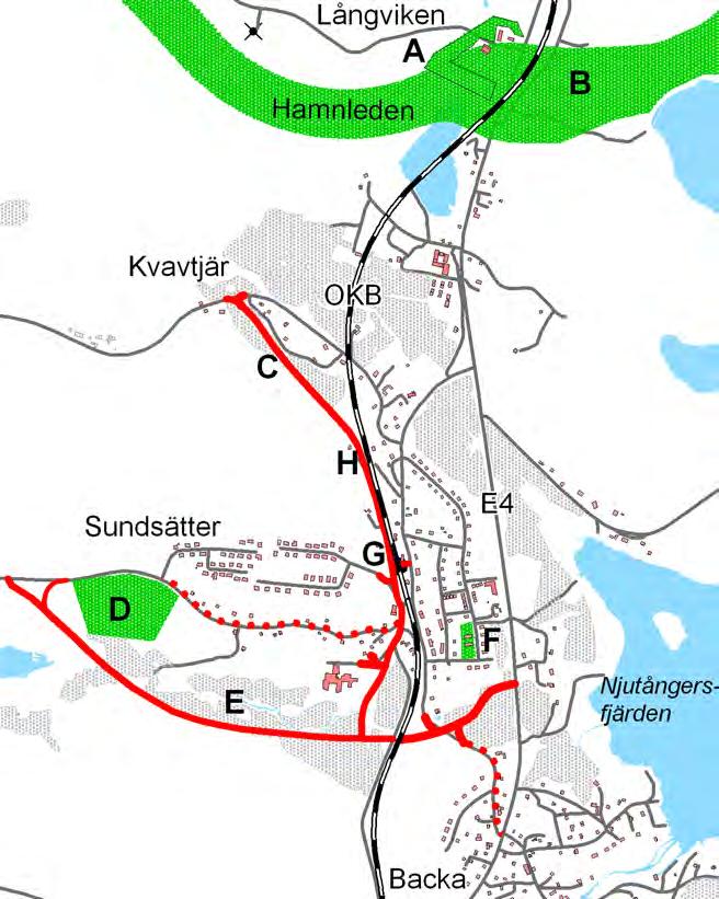C. Ny Kvavtjärsväg. D. Villaområde - i sydsluttning. E.