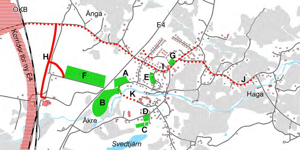 Flerbostadshus. F. Industriområde. G. Central bussomstigningsplats - norr om Konsum. H.
