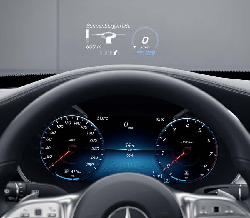 Vindrutevisning Head-Up Display Vindrutevisningen Head-Up Display förvandlar vindrutan till en digital instrumentpanel.