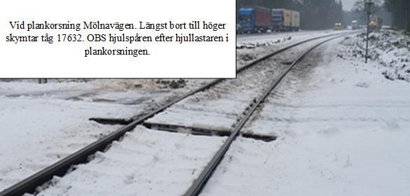 3.2 Händelsebeskrivning Tåg 17632 på väg från Halmstad med slutdestination Nässjö körde kl. 10:13 på en hjullastare vid plankorsning Mölnavägen, km 40+610, bandel 732, på sträckan Vaggeryd-Nässjö.