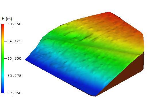 Figur 12. DTM skapad från HLS-data med 0,5 m punkttäthet. Framtagen i Geo. Skillnaden i höjd var 13 mm mellan första stationsetableringen med RUFRIS och den digitala avvägningen.