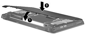 3. Fäll ned den främre kanten (1) på ytterhöljet och tryck sedan fast ytterhöljet på datorns bas (2). 4. Sätt tillbaka batteriet. OBS!