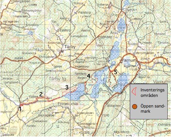 Bilaga, Områdesbeskrivningar, Västgötska lokalerna Figur 1. Karta övar de fem inventerade områdena samt förekomst av öppen sandmark inom de olika lokalerna. 1. Erosionsbrant söder om Viskan Beskrivning: Erosionsbrant i beteshage.