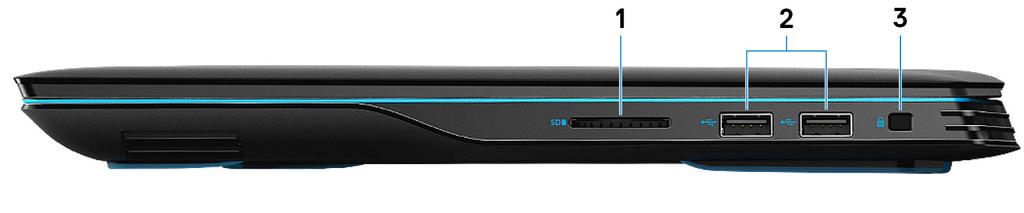 2 Vyer av Dell G3 3590 Höger 1 SD-kortplats Läser från och skriver till SD-kortet. 2 USB 2.0-portar (2) Anslut kringutrustning, såsom lagringsenheter och skrivare.