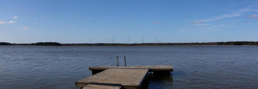 40 Figur 6-8. Fotomontage från badstranden vid Hopom träsk. Avståndet till närmaste vindkraftverk är 6,4 kilometer.